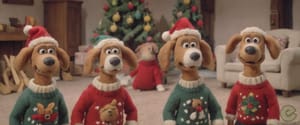 The image you've provided appears to be a holiday-themed scene featuring two dog figurines dressed in Santa Claus costumes. There are three photos of the same setup, showing the d