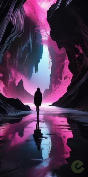 The image features a vibrant and colorful artwork of an ethereal, futuristic landscape. A woman stands in the foreground, gazing towards a towering structure that resembles a pill