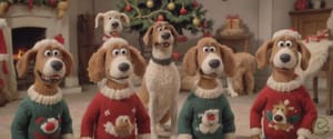 The image shows a group of animated hound dogs dressed in Christmas sweaters and sitting in front of a Christmas tree. They seem to be celebrating the holiday season, with some ho