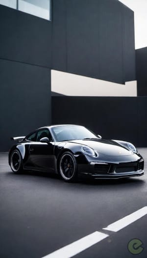 The image is a composite of two photos, seamlessly merged. On the left side, there's a black sports car with visible branding on the hood and wheels. It appears to be a Porsche, s