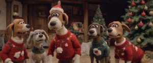 The image shows four anthropomorphic dogs dressed in festive holiday attire, standing together in front of a Christmas tree. They are wearing red sweaters with white trim and matc