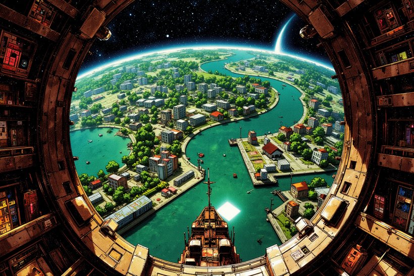 Cover of Static Between Stars: the view from a spacecraft window looking down on a green world cut by a turquoise river, against a field of stars.