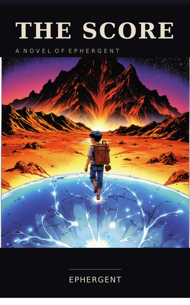 Cover of The Score: a boy with a backpack, seen from behind, stepping off a glowing blue sphere onto an orange rocky wasteland, a vast mountain burning beneath a star-filled sky.