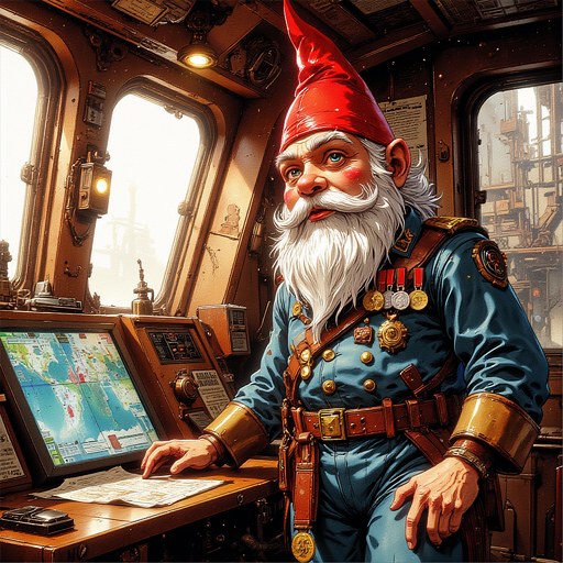 Painted portrait of Baron Klaus von Gnomendorf, a sentient garden gnome.