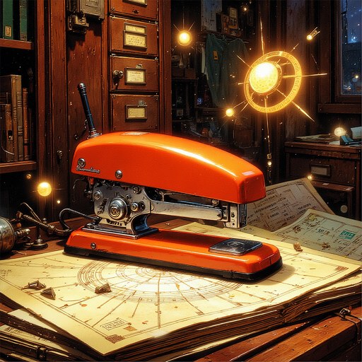 Painted portrait of Clive, an orange Swingline 747 stapler.