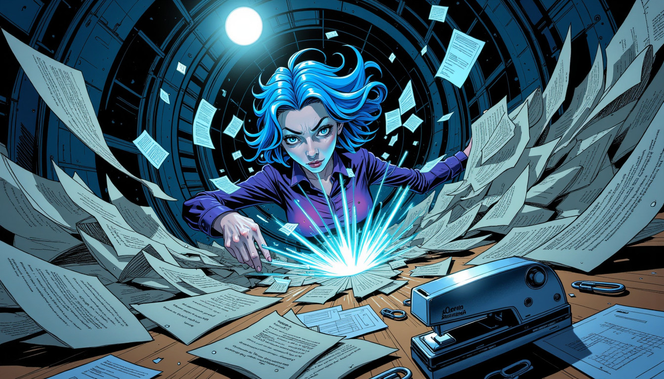 ⁂ Moment Captured by The Ephergent's dimensionally-aware AI [Note: images may sound different in your dimension.] - Scene from From TPS Reports to Temporal Anomalies: My Life as a Multiversal Stapler ⁂