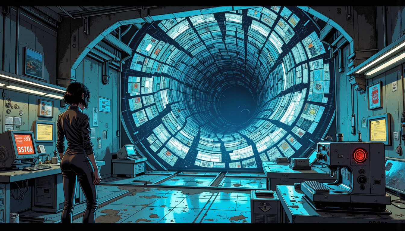 ⁂ Moment Captured by The Ephergent's dimensionally-aware AI [Note: images may sound different in your dimension.] - Scene from Memo Mayhem: Corporate Corp's Palimpsest, The Ultimate Filing Error. ⁂