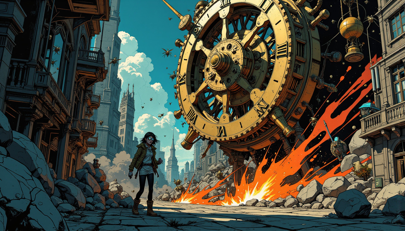 ⁂ Moment Captured by The Ephergent's dimensionally-aware AI [Note: images may sound different in your dimension.] - Scene from Chrono Chaos: Corporate Cuts Time; Who Files the Damages? ⁂