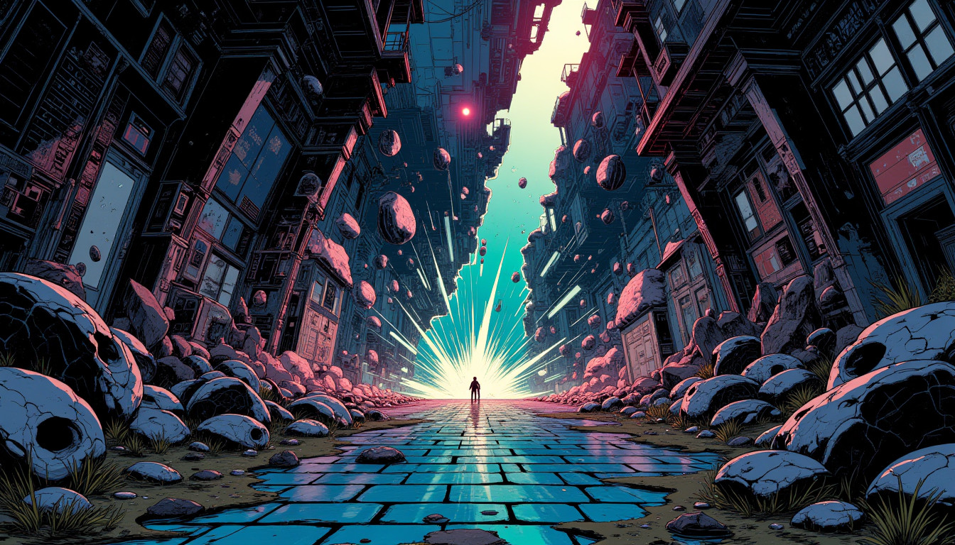 ⁂ Moment Captured by The Ephergent's dimensionally-aware AI [Note: images may sound different in your dimension.] - Scene from Dimensional Dilemma: Accidental Apocalypse Leads to Authentic Anxiety Supplements! ⁂