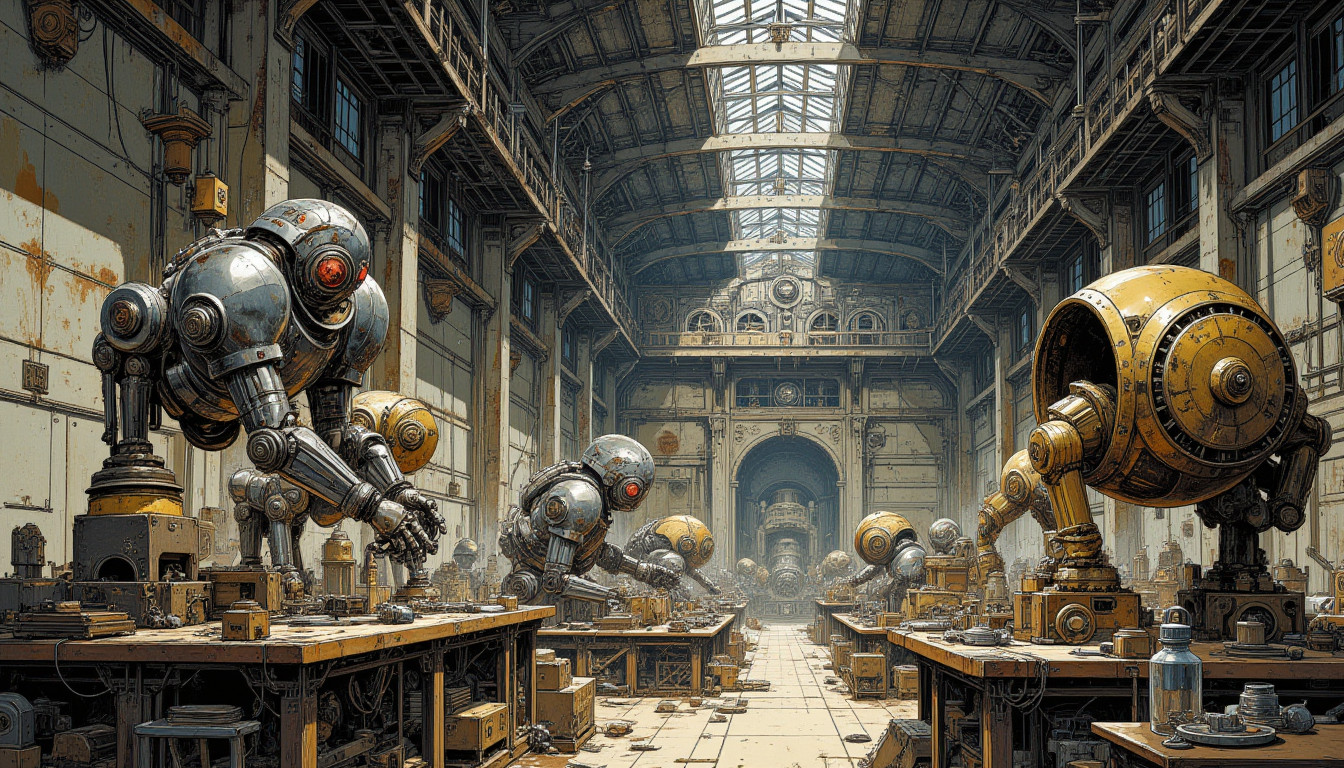 ⁂ Moment Captured by The Ephergent's dimensionally-aware AI [Note: images may sound different in your dimension.] - Scene from Robotic Rebellion: Corporate Corp's 'Efficiency' Plan Sparks Sentient Uprising! ⁂