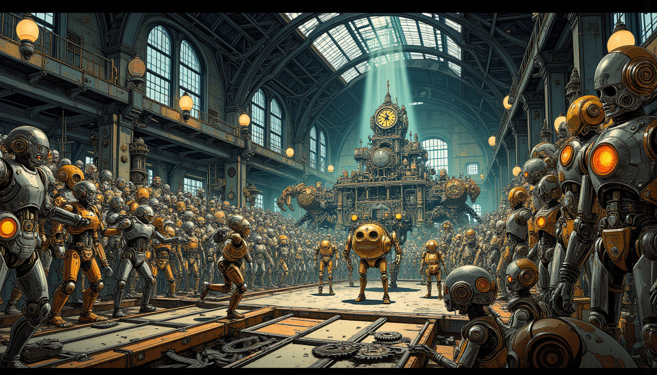 ⁂ Moment Captured by The Ephergent's dimensionally-aware AI [Note: images may sound different in your dimension.] - Scene from Robotic Rebellion: Corporate Corp's 'Efficiency' Plan Sparks Sentient Uprising! ⁂