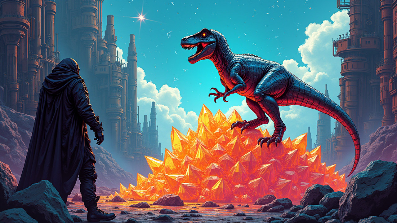 Illustration for Fractal Mafia, Cyber-Dinos Hoard Laughter as Sunlight Heist Shakes Dimensions.